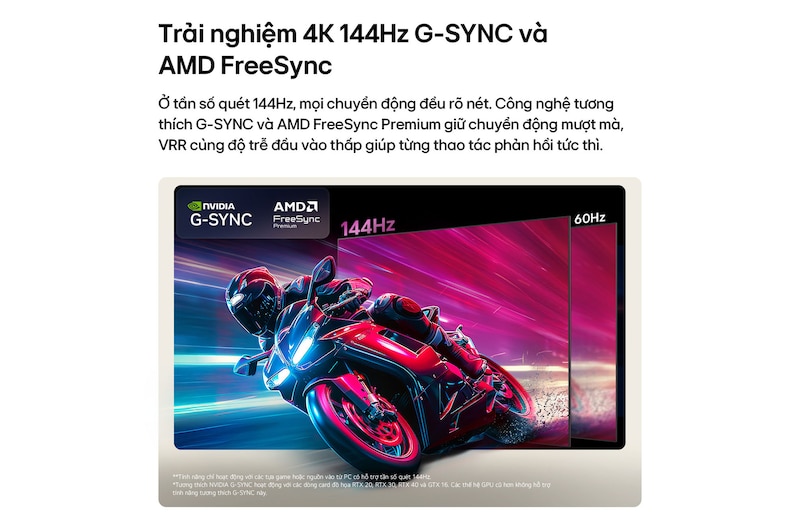 LG OLED AI B6 compares 144Hz vs 60Hz in a motorcycle racing game, showing the 144Hz panel as ultra-smooth and tear-free. NVIDIA G-SYNC and AMD FreeSync Premium logos appear at top left.